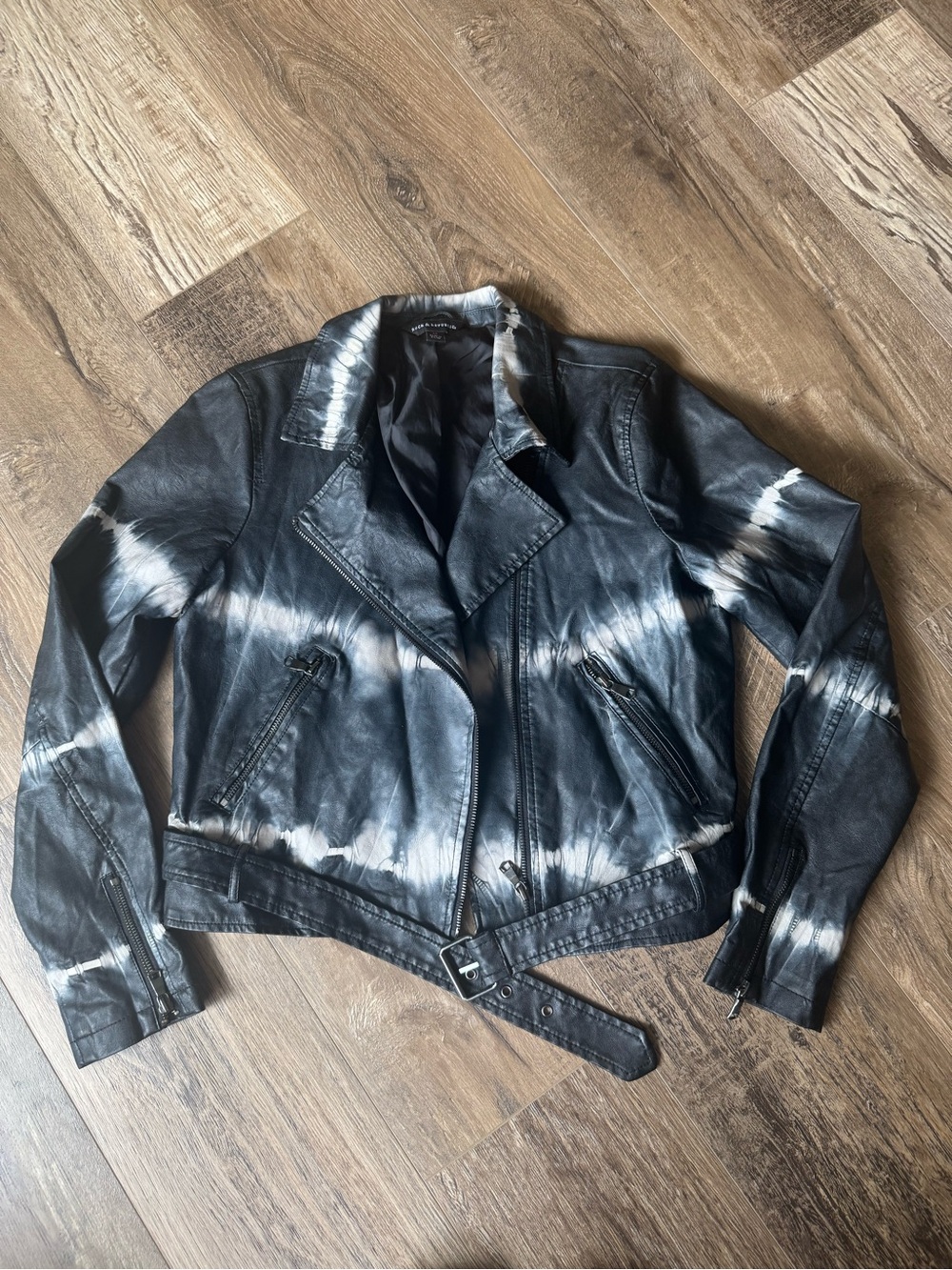 Rock & Republic Black and White Tie-Dye Leather Moto Jacket